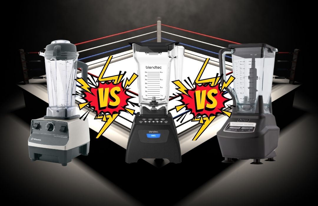 Vitamix, Blendtec, and Ninja blenders facing off in an epic battle arena showdown.